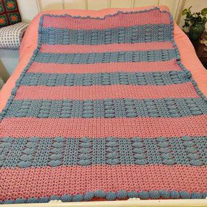 Vintage Hand Crochet Afghan Blue Pink Groovy Stripe MOD Funky Bi Pride Flag HEAR